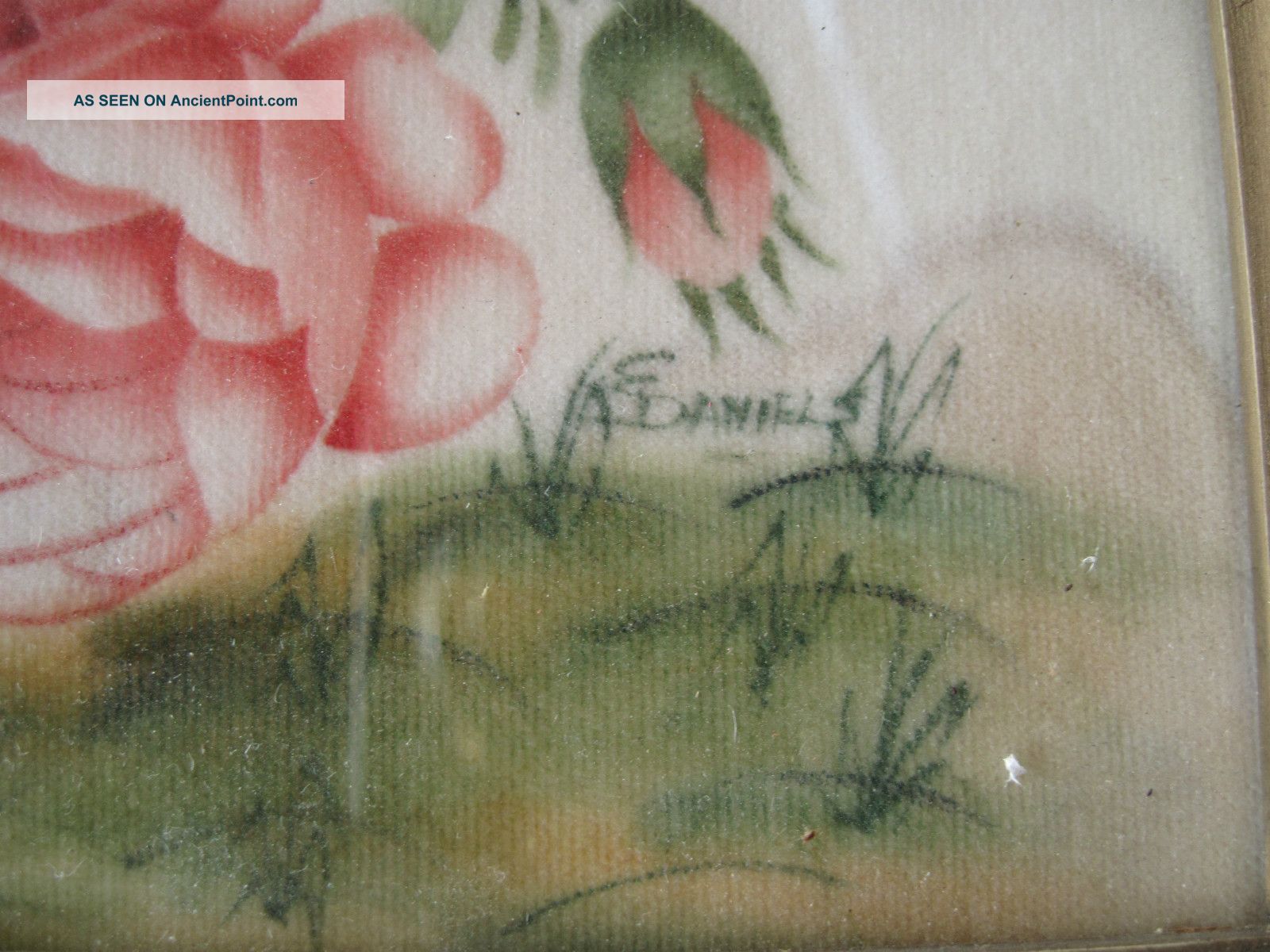 Antique Theorem Painting On Velvet Signed E Daniel Victorian