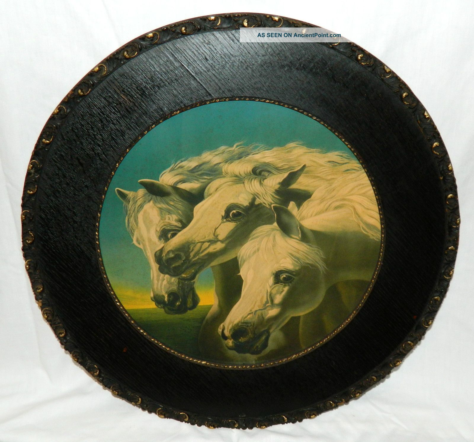 Large 22in Round Fumed Oak Antique Frame Pharaohs Horses Print Colorful & Picture Frames photo