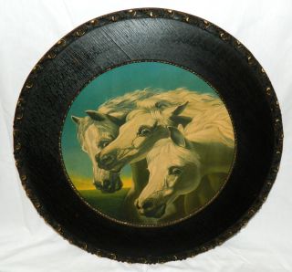 Large 22in Round Fumed Oak Antique Frame Pharaohs Horses Print Colorful & photo