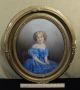 19thc Antique Watercolor Oval Portrait Painting,  Young Girl In Blue Dress Nr Victorian photo 1