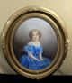 19thc Antique Watercolor Oval Portrait Painting,  Young Girl In Blue Dress Nr Victorian photo 2