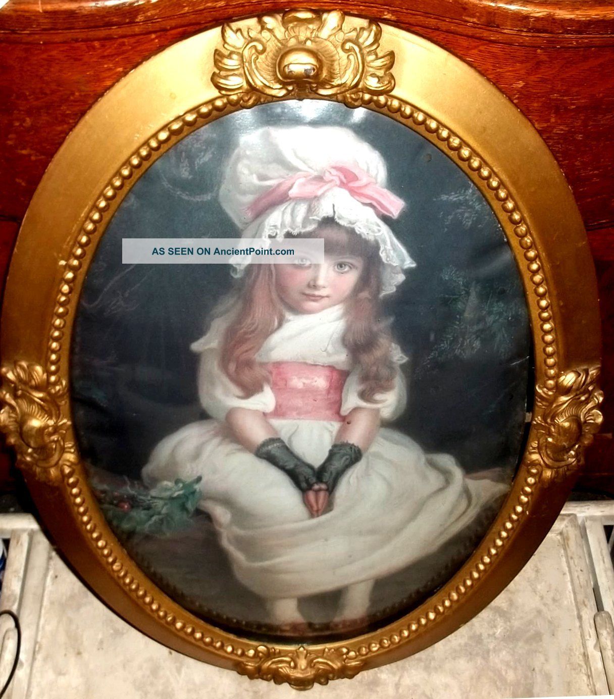 Antique Oval Picture Frame Convex Glass Innocent Girl Print Gold Gesso Victorian Picture Frames photo