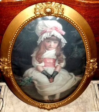 Antique Oval Picture Frame Convex Glass Innocent Girl Print Gold Gesso Victorian photo