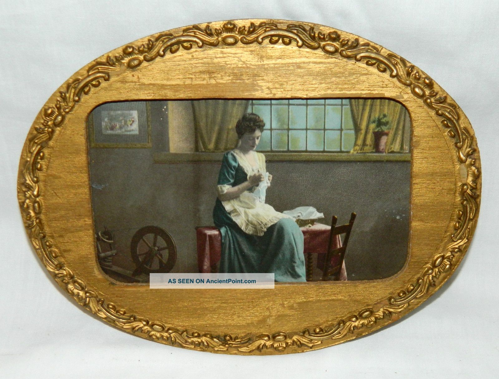 Small Oval Antique Gilt Oak Frame Lady Sewing Spinning Wheel Print Old Glass Picture Frames photo