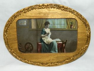 Small Oval Antique Gilt Oak Frame Lady Sewing Spinning Wheel Print Old Glass photo