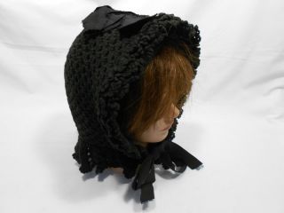 Circa 1900 ' S Young Ladies Antique Crochet Head Covering Bonnet Hat W Tie Black photo