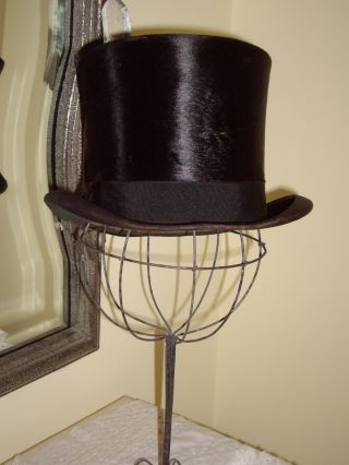 Antique 1900s Gentlemans Black Silk Top Hat photo