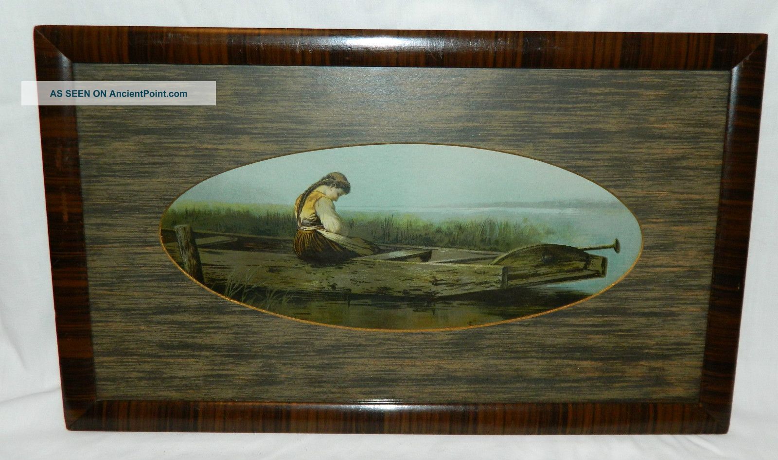 Unique Early 1900 Lonely Lady In Boat Print Antique Faux Finish Frame Old Glass Picture Frames photo