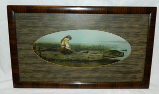 Unique Early 1900 Lonely Lady In Boat Print Antique Faux Finish Frame Old Glass photo