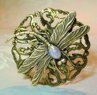 Antique Victorian Art Nouveau Style Bronze Dragonfly Glass Fire Opal Hat Pin photo