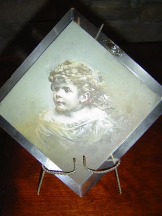Antique Victorian Girl Portrait On Beveled Glass With Stand photo