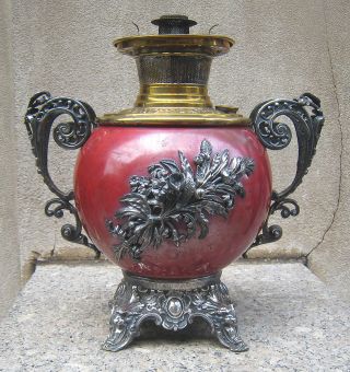 Victorian Aesthetic Kerosene Lamp - Bradley & Hubbard - Silverplate & Red Copper photo