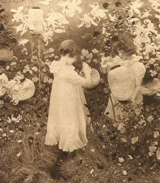 Rare Antique Sargent Art Print C19th Children Carnation Lily Rose Garden Lantern photo