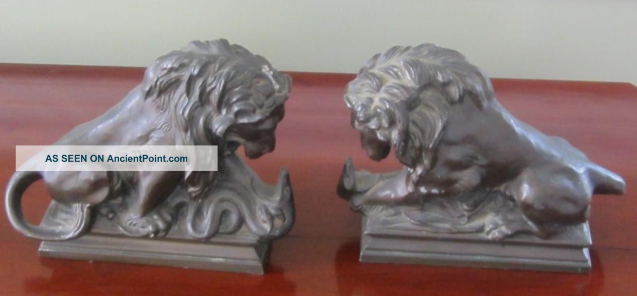 Antique Victorian Pair Bronzed Spelter Lion & Snake Bookends Victorian photo