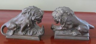 Antique Victorian Pair Bronzed Spelter Lion & Snake Bookends photo