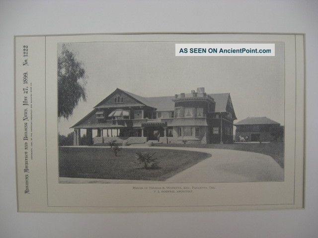 Wotkyns House,  Pasadena,  Ca,  1899,  Lithograph Victorian photo
