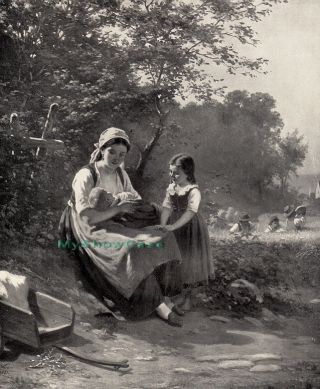 Rare Antique Werner Art Print C19th Farm Mother Nursing Children Baby Daughter photo