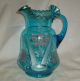 Antique Victorian Hand Painted Daisy Blue Glass Water Set Pitcher & 6 Tumblers Pitchers photo 3