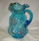 Antique Victorian Hand Painted Daisy Blue Glass Water Set Pitcher & 6 Tumblers Pitchers photo 5