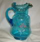 Antique Victorian Hand Painted Daisy Blue Glass Water Set Pitcher & 6 Tumblers Pitchers photo 7