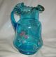 Antique Victorian Hand Painted Daisy Blue Glass Water Set Pitcher & 6 Tumblers Pitchers photo 8