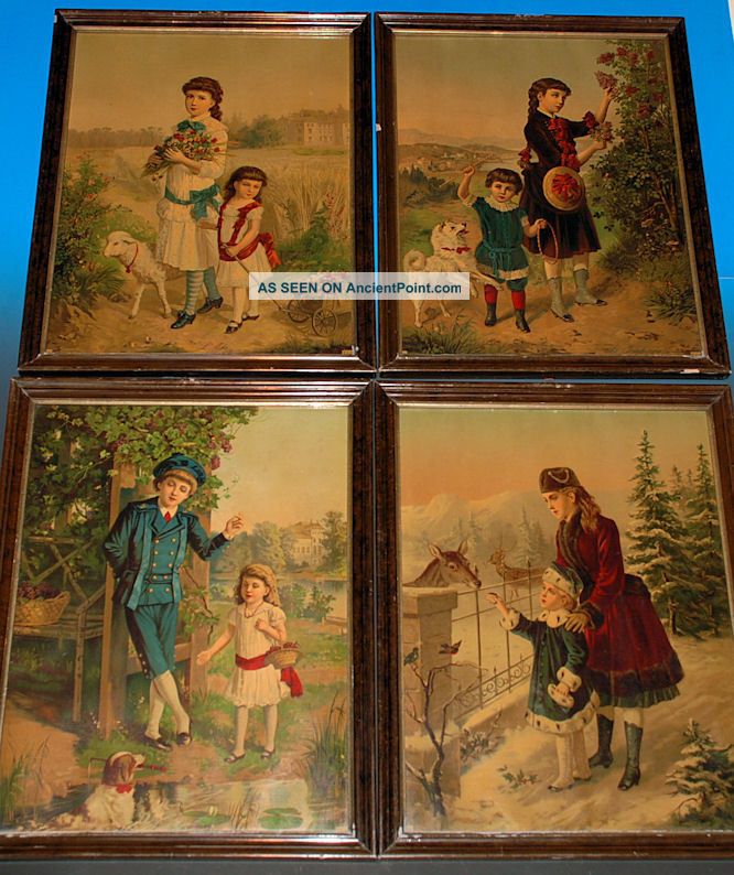 4 Big Antique French Children Pictures The Four Seasons At 1870 - 1880 Victorian photo