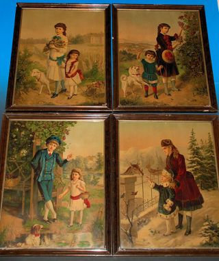 4 Big Antique French Children Pictures The Four Seasons At 1870 - 1880 photo