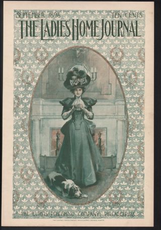 1896 Victorian Woman Basset Hound Home Decor Dress Hat Fireplace Dog Cover Art photo
