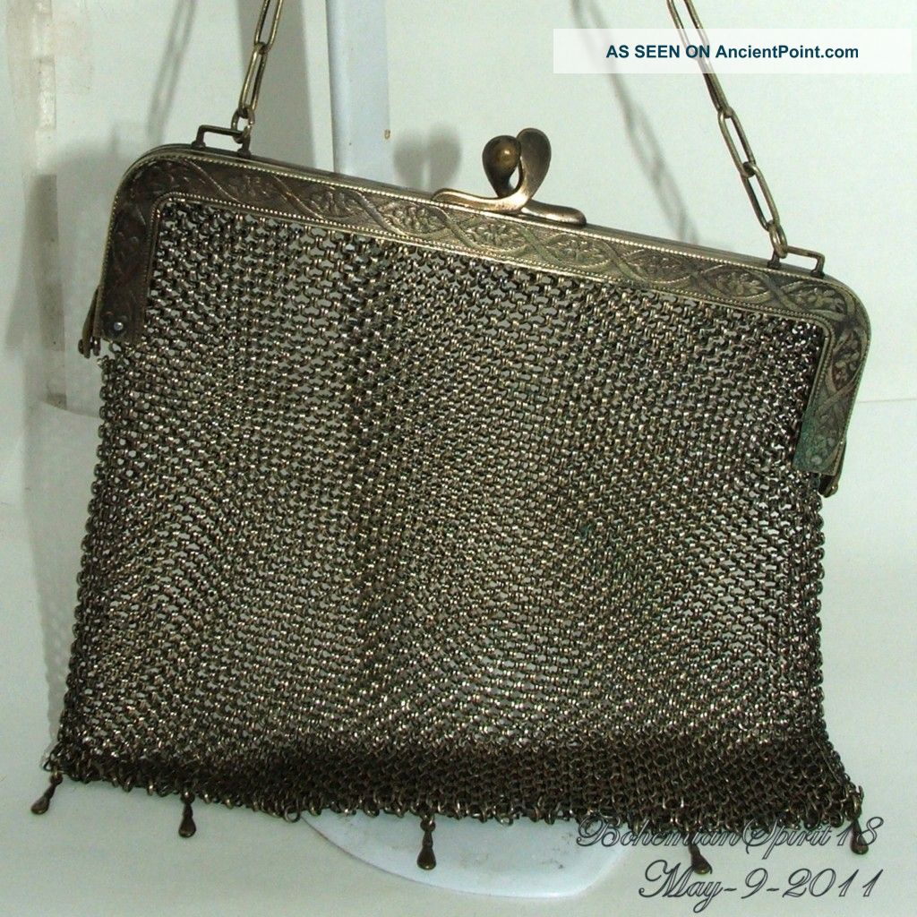 Antique Victorian Silver Tone Solderd Mesh Ornate Frame Handbag Victorian photo