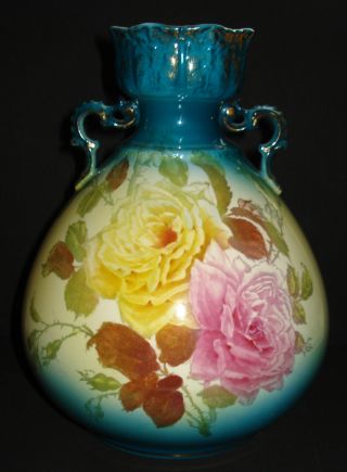Antique Royal Bonn Hand Painted Porcelain Vase Franz Mehlem Roses Germany 1890 photo