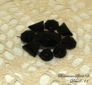 Antique Victorian Mourning Faceted Glass Stones Multi Shape C Clasp Brooch /pin photo