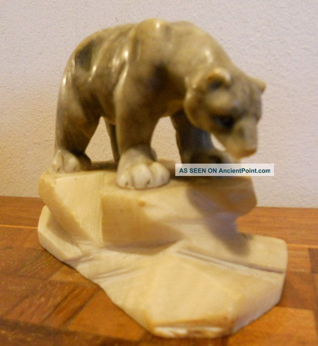 Adorable Alabaster Art Deco Statue Polar Bear W Glass Eyes On Alabaster Rock Victorian photo