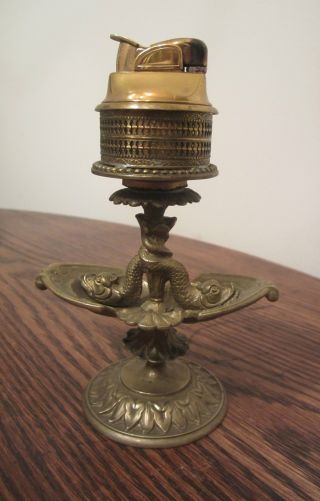 Antique Ornate Victorian Brass Cigarette Cigar Table Lighter Snake Holder Bronze photo