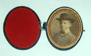 Antique Victorian 1800 ' S Young Man Photograph Gold Frame Cloth Case Teenager Hat photo