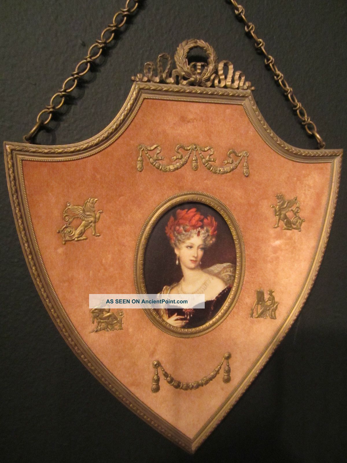 Antique French 1800’s Neoclassical Ormalu (bronze Dore) Velvet Shield Frame Picture Frames photo
