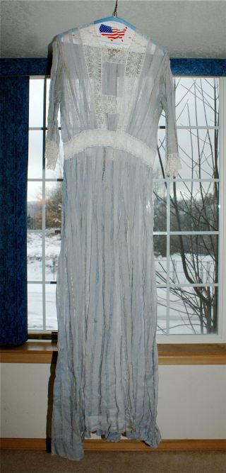 Antique Victorian Dress Blue White Lace 1890 ' S photo