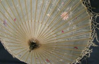 Antique Vtg Handmade Silk Embroidery Butterfly Flower Bamboo Parasol &cover Asia photo
