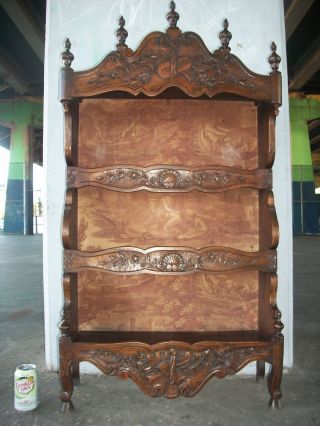 Antique French Carved Wooden Curio / Bookcase W 3 Shelves & Romantic Tapestry photo