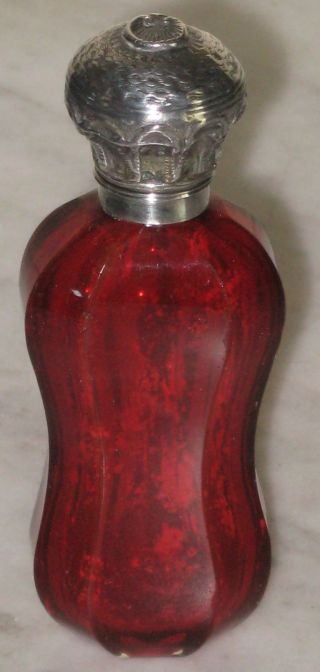 Antique Ruby Glass Perfume Scent Bottle W/ Sterling Silver Cap Cranberry Glass photo