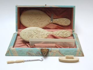 Antique Victorian Childs Celluloid Vanity Comb Brush Set Very Ornate Rare photo