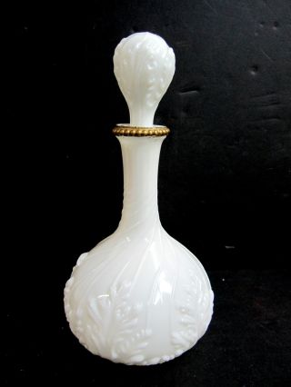 Antique Victorian Milk Glass Lid Decanter Embossed Floral Dresser Vanity 1880 ' S photo