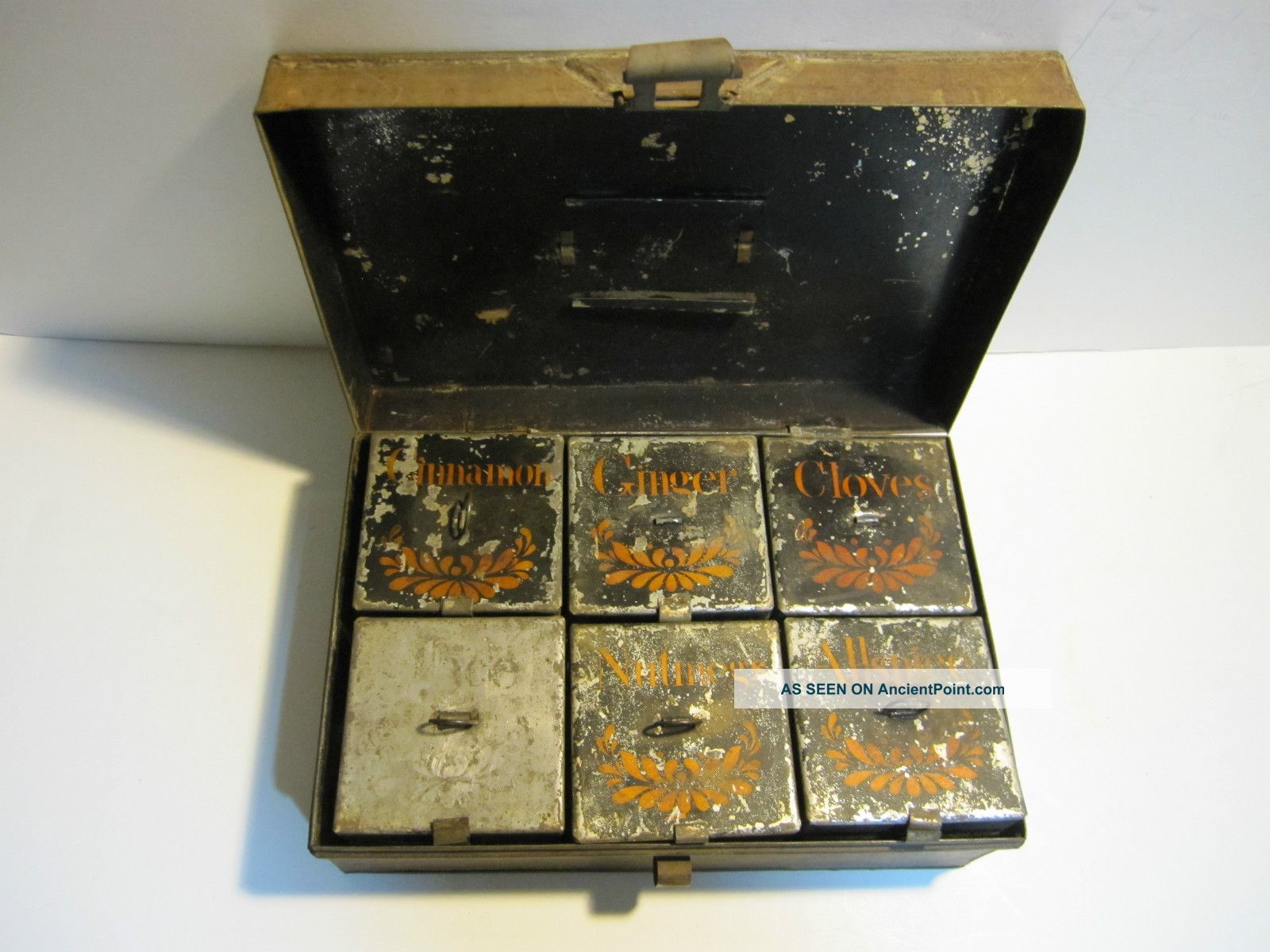 Antique Victorian Primitive Tin Hinged Spice Box Container Painted Cannisters Primitives photo