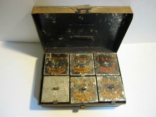Antique Victorian Primitive Tin Hinged Spice Box Container Painted Cannisters photo