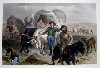 Historic Print 1860/70,  H.  B.  Hall Jr,  Emigrants Crossing The Plains,  Vg Condition photo