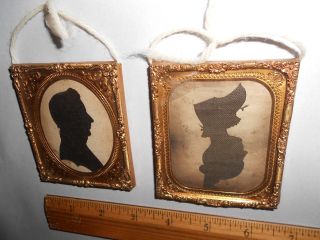 18th Century Silhouettes Pair Lady With Bonnett And Stern Man Early Primitives photo