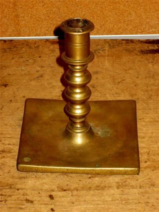 Rare 17th C Spanish Brass Candlestick Great Early Knobbed Form Square Base photo