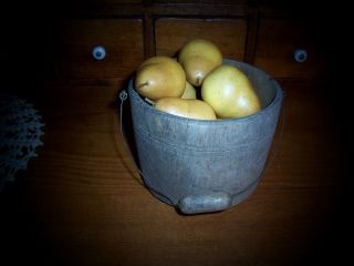 Vintage Primitive Wooden Bucket With Wire Bail/wood Handle Filled W/pears photo