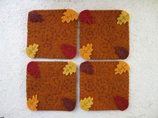 Primitive Wool Felt Penny Rug Coasters,  Fall Leaves,  Hand Sewn - Set Of 4 photo