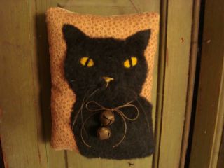 Primitive Halloween Black Cat Quilt Door Pillow ~ Folk Art photo