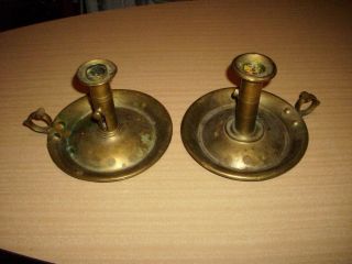 Pair Antique Brass Push Up Hog Scrapper Chamber Candlesticks Patina photo